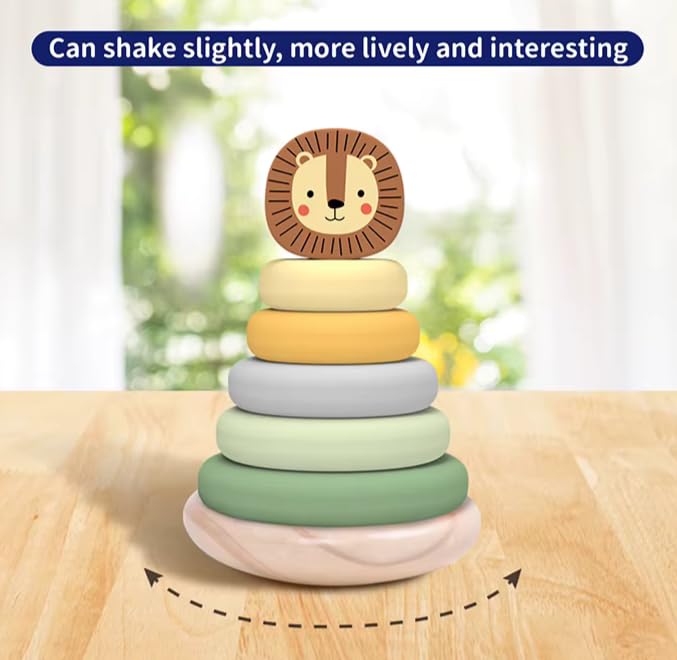 Miss OT Wooden Ring Stacker Toy for 1 Year Old - Montessori Toys for 1 Year Old Boy and Girl, Stacking Rings with Lion Topper, Baby Toy 12-18 Months