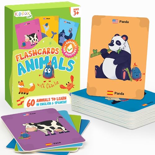 Kidrox Animals Flash Cards, English Learning Cards with Spanish Translations Included, Indestructible Double-Sided, 30 Cards