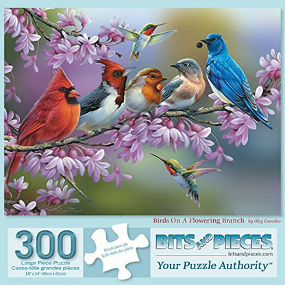 Bits and Pieces Jigsaw Puzzle - Birds on a Flowering Branch by Oleg Gavrilov - Cardinals, Bluebird & Hummingbirds Nature Artwork (300 Piece Puzzle 18"