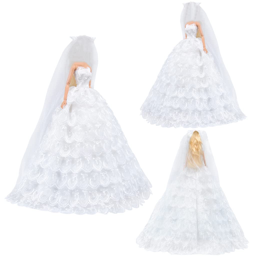 E-TING White Gorgeous Long Wedding Dress Princess Gown Clothes with Veil for 11.5 inch Dolls?Doll Not Included?