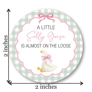 A Little Silly Goose is Almost on The Loose, Baby Shower Sticker, Gingham Pattern with Goose Theme, Round Label - Set of 40 (Pink)