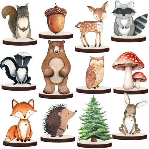 12 Pcs Painted Woodland Animals Wood Table Centerpieces Cutout Shapes Woodland Baby Shower Decorations Wild Creatures Wood Table Topper for Forest