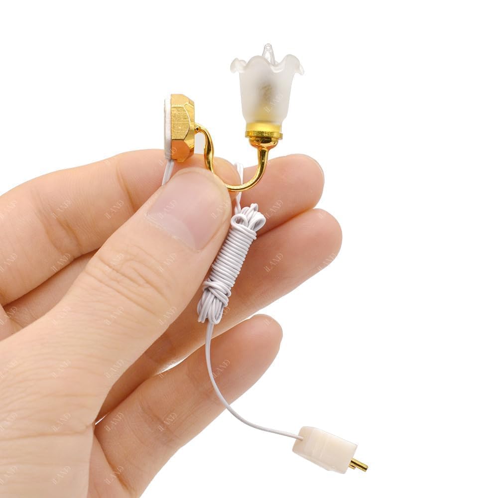 iLAND Dollhouse Accessories of Dollhouse Lights Floral Wall Light w/Plug, Elegant Miniature Lamp Wall Sconce of Mini House Lighting Fits 1/12 Scale