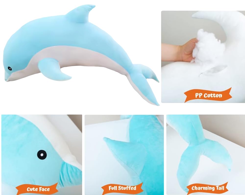 GracesDawn 3 Pieces, Dolphin Filled Animal Plush Pillow, Super Soft Doll, Ocean Animal Plush Toy for Boys and Girls as a Sleeping mat Gift, (Blue