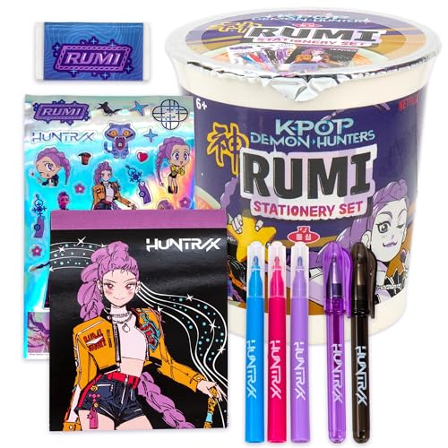 Kpop Demon Hunters™ Rumi Stationery Set with Mini Notebook, Gel Pens, Markers, Eraser, Bonus Kpop Stickers & Cute Storage, Official K Pop Demon