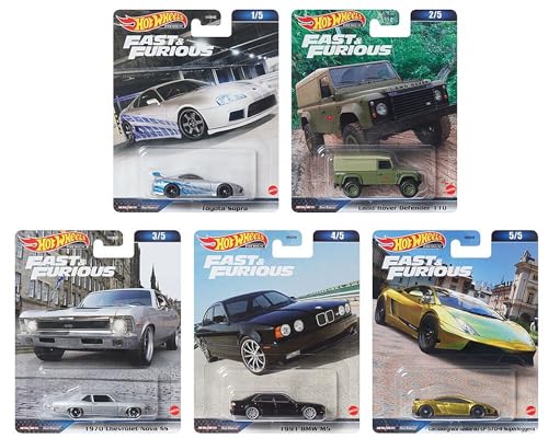 Hot Wheels 2023 Fast & Furious Premium 5?Pack (HNW46?956D) | Toyota Supra, Land Rover Defender, Chevy Nova SS, BMW M5 & Lamborghini Gallardo | 1:64