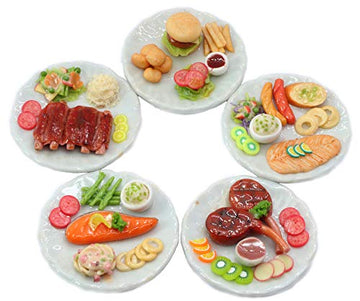 ThaiHonest Mixed 5 Assorted Dollhouse Miniature Lamb Salmon and Burger Set,Tiny Food