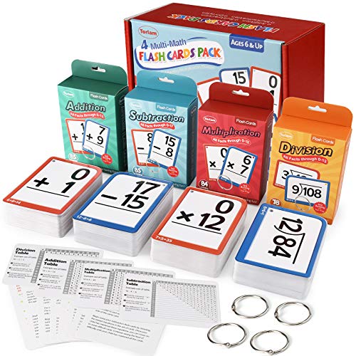 Torlam Multi Math Flash Cards for Kids Ages 4-8 - Addition, Subtraction, Multiplication, & Division - All Facts 0-12 with 4 Rings, Math Games for Kids