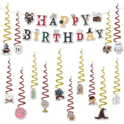 ConQuest Journals Harry Potter Birthday Party Garland & Hanging Decorations Set, Wizarding World HAPPY BIRTHDAY Banner (72"), 14 Hanging Decor Pieces