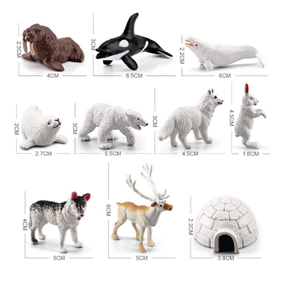 OUKEYI 10PCS Realistic Polar Animals Figurines - Mini Arctic Animals Toys Set - 1-2 Inch Plastic Tundra Deer, Bear, Fox Kids Diorama Birthday Gift