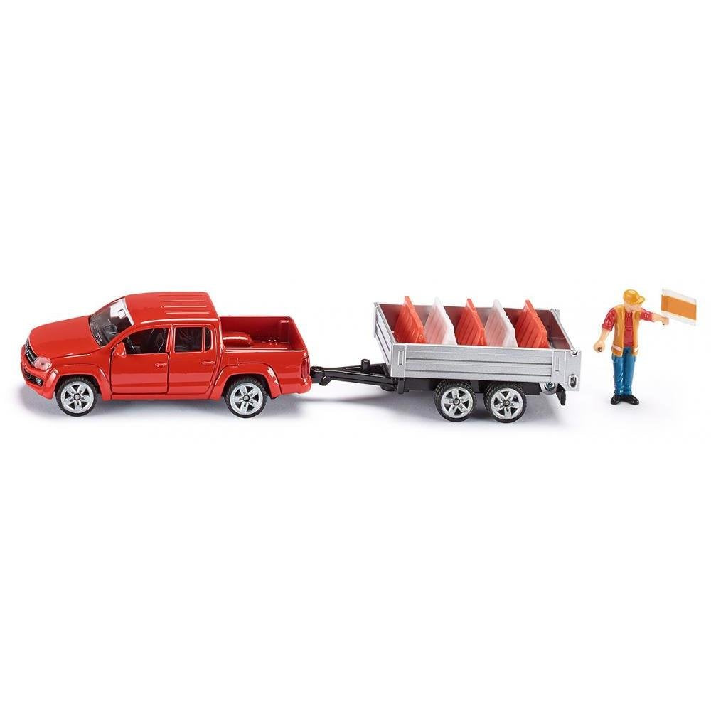SIKU 3543, VW Amarok Pick-Up with Tipping Trailer, 1:55, Metal/Plastic, Red, Incl. Toy Figure and 5 Traffic barriers