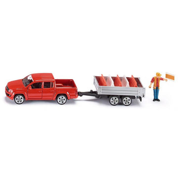 SIKU 3543, VW Amarok Pick-Up with Tipping Trailer, 1:55, Metal/Plastic, Red, Incl. Toy Figure and 5 Traffic barriers
