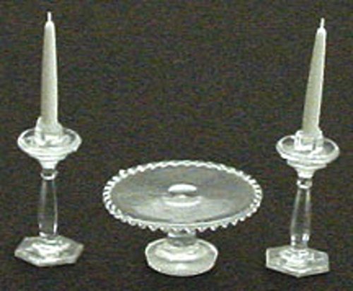 Dollhouse Miniature Chrynsbon Clear Crystal Cake Plate and Candlesticks Mini Kit