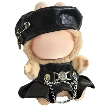Clothes for Labubu Faux Leather Black Biker 2-Piece Set - Edgy Rock-Chic Kawaii Design Beret & Strap Mini Skirt for 17cm Dolls(No Doll) (Black)