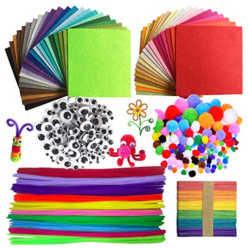 Wartoon Pipe Cleaners Crafts Set, Pipe Cleaners Chenille Stem and Pompoms with Googly Wiggle Eyes and Craft Rods Assorted Colors Non-Woven Felt Fabric
