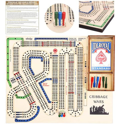 Cribbage Wars Board Game,2025 Wooden Cribbage Board Game Set Traps Games Classic Night Bar Games for Families with Built-in Storage Compartment