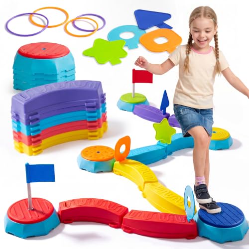 JOVA Plat-Act 4-in-1 Balance Beam & Stepping Stones for Kids Ages 3+, Obstacle Course Toy with Ring Toss & Flag Game, Non-Slip & Easy to Store