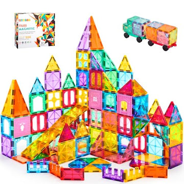 OugerToy 104PCS Magnetic Tiles STEM Building Blocks for Kids Ages 3-9, Educational Stacking Toys with Car Bases, Creative Construction Gift for Boys