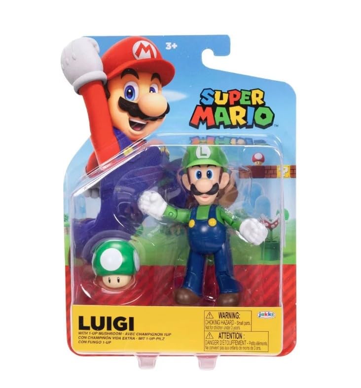Super Mario Luigi 4 Inch Action Figure with 1-Up Mushroom