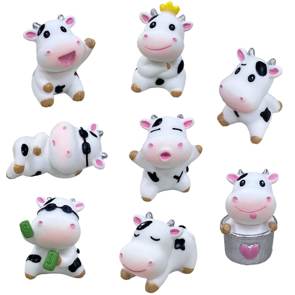 MAOMIA 8 Pcs Cow Figures for Kids, Animal Toys Set Cake Toppers, Cow Fairy Garden Miniature Figurines Collection Playset for Christmas Birthday Gift