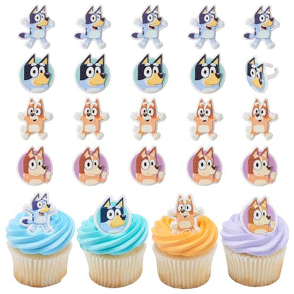 DecoPac Bluey So Much Fun Rings, 24 Cupcake Decorations Featuring Bluey, Bingo, Bandit, and Chilli, 3D Food Safe Cake Toppers - 24 Pack