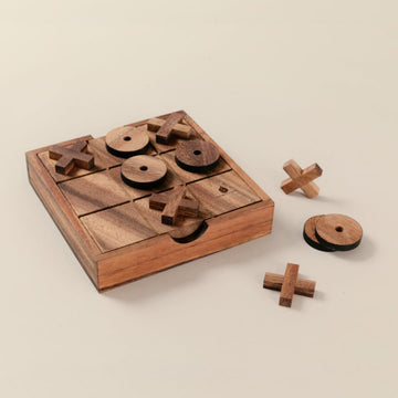 Wooden Tic Tac Toe (XOXO) Game - Handmade 2-Player Strategy Board Game - Travel Size, Rustic Tabletop Decor - Sustainable Wood Gift for Adults, Kids