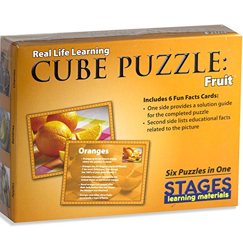 Stages Learning Real Picture Fruits Wooden Cube Language Builder Preschool Puzzle (12 Piece), Orange