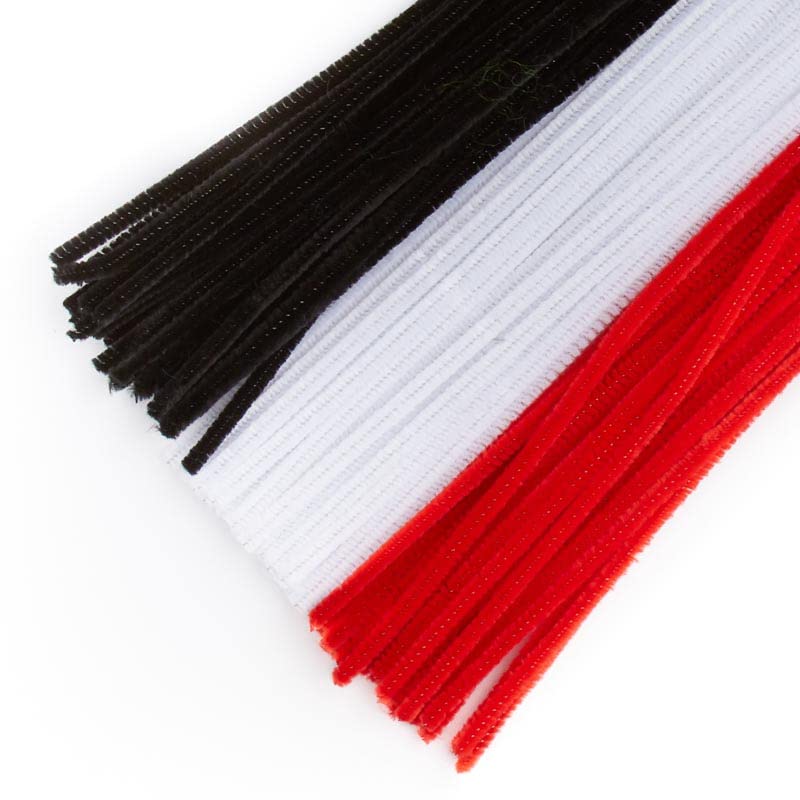 Pack of 300 Red Black and White Pipe Cleaners. Fuzzy Stick Chenille Stems for Arts and Crafts Shapes, Flowers, Animals, Figures and More - Size: 12