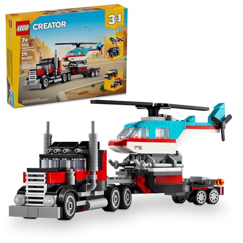 LEGO Creator 3 in 1 Flatbed Truck with Helicopter Toy, Transforms from Flatbed Truck Toy to Propeller Plane to Hot Rod and SUV Cars, Gift Idea
