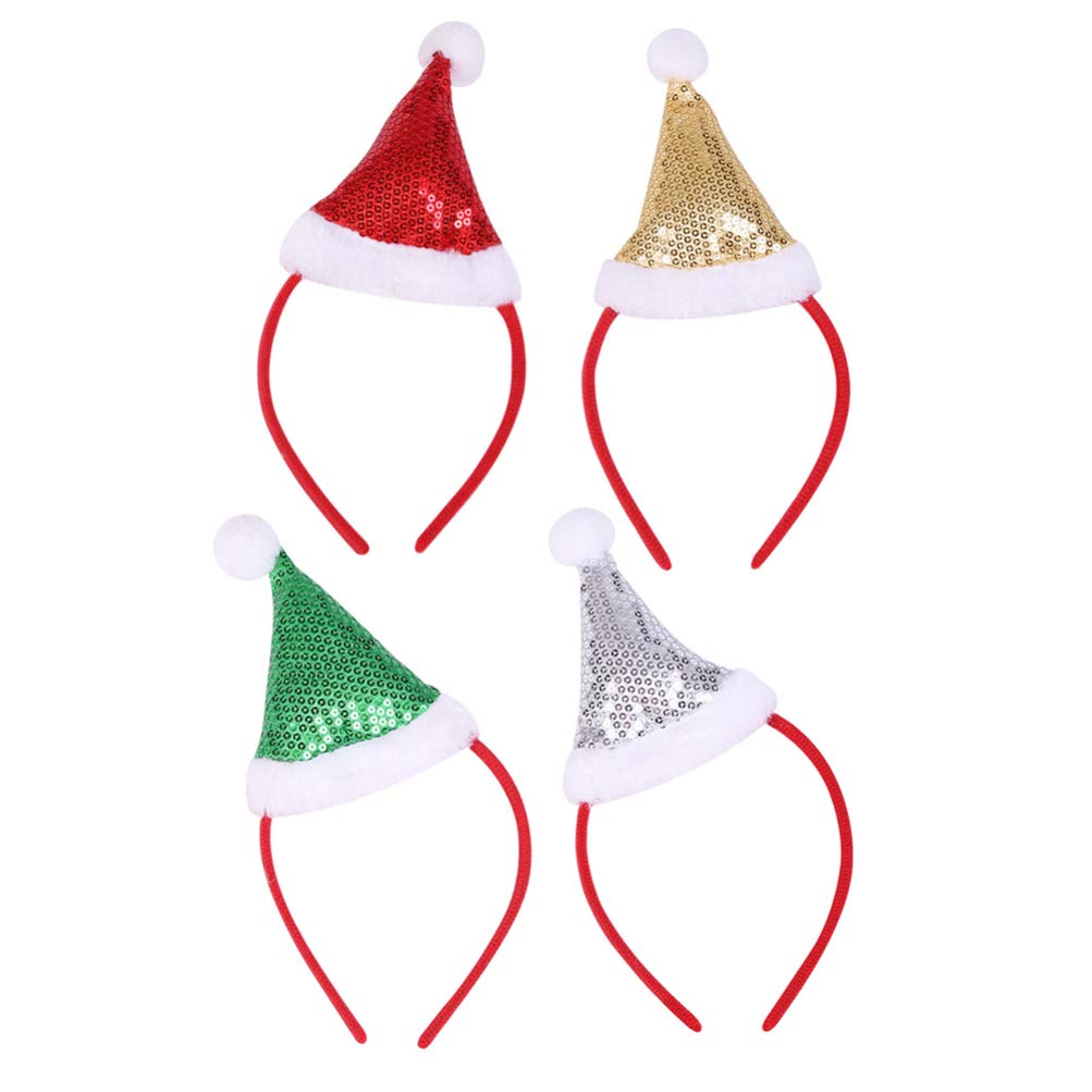 Amosfun Santa Hat Headband Christmas Headband with Mini Sequins Hat Novelty Hair Band for Xmas Holiday Party Supplies 4pcs
