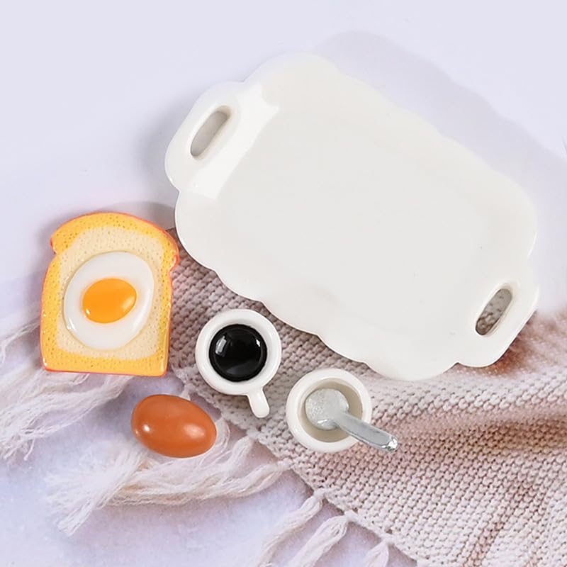 7 Pieces 1:12 Scale Miniature Breakfast Set - Dollhouse Kitchen Accessories, Includes Tray, Spoon, Cup, Coffee, Eggs, Bread, and Other Decorative