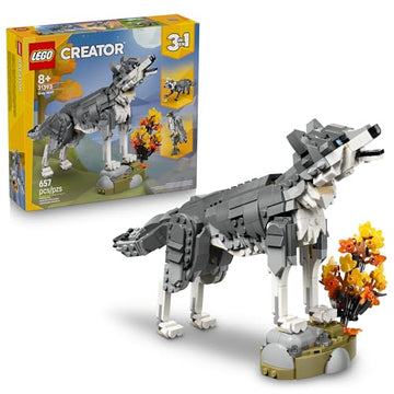 LEGO Creator 3 in 1 Forest Animals: Gray Wolf - Building Toy for Boys & Girls, Ages 8+ - Build a Wolf, Falcon or Raccoon - Gift for Kids' Birthdays