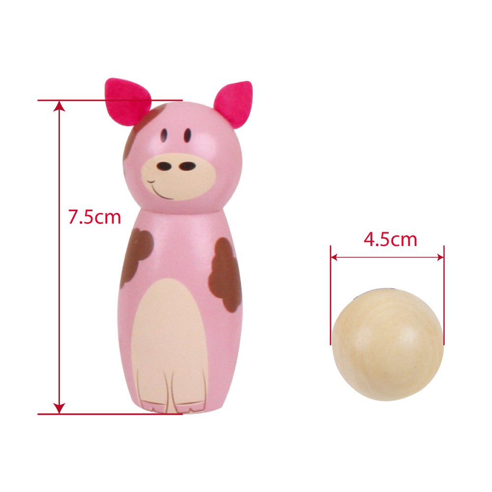 Bigjigs Toys Farm Wooden Skittles - Wooden Skittles for Toddlers with 6 Animal Skittles & 1 Bowling Ball, Educational Toy & Gifts for Kids Aged 2