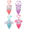 Hello Kitty and Friends 4-Pack Ice Cream Clip-On Plush Featuring Hello Kitty, Kuromi, My Melody, and Cinnamoroll with Unique Bow Clips
