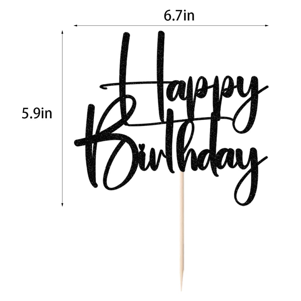 Happy Birthday Cake Topper,black Glitter Cake Pick Bunting Decor for Anniversary Birthday Party Cake Decorations Supplies