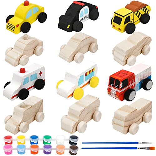WANTKA 12 Pieces Unfinished Wooden Cars Wood DIY Car Toys Wood Crafts Painting Crafts Kit for Student Easy Woodworking Set Family Activities Arts
