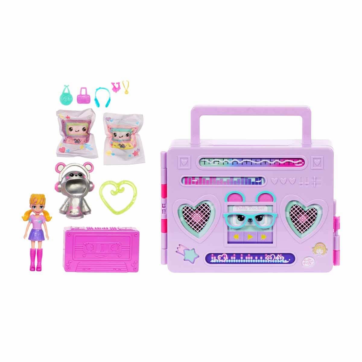 Polly Pocket Doll & Playset, Disco Dance Fashion Reveal Unboxing Travel Toy with 3-inch Hoodie Buddy Doll, 16 Accessories & Surprise Water Play