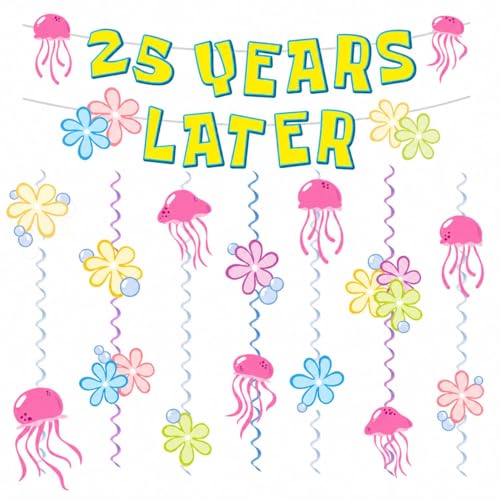 25 Years Later Birthday Banner Carton Banner Jelly Fish Hanging Swirls Garlands Sea Animals Hanging Banner for Birthday Party Decorations Supplies
