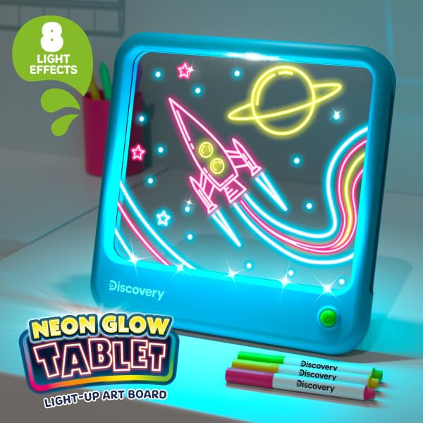 Discovery Neon Glow Drawing Board - LED Drawing Tablet for Kids| 8 Light Effects, 3 Washable Markers| Doodle Board Sketch Pad Art Kit| Built-in