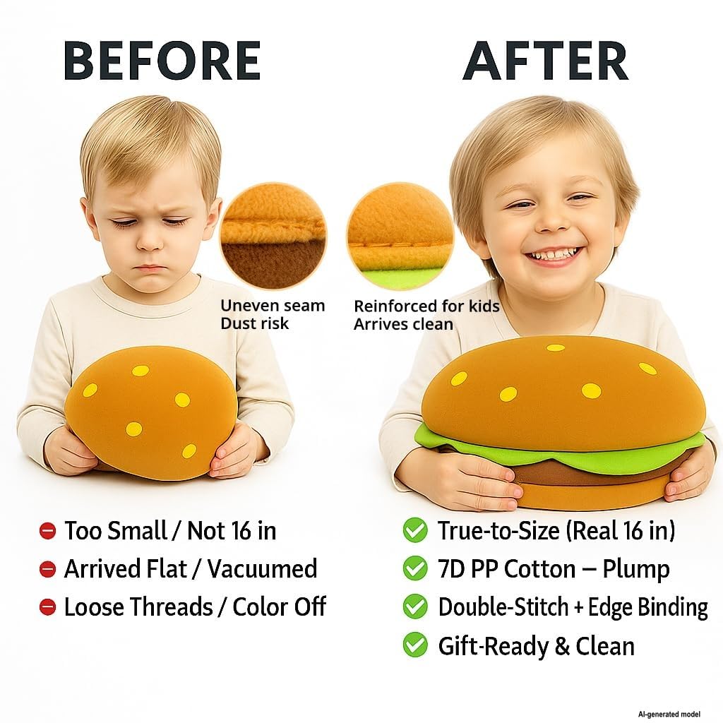 T play Burger Pillow Plush for Kids: Soft Stuffed Hamburger Throw - Skin-Friendly Cheeseburger Room Decor - Cute 3D Shaped Food Gifts 8-12 Yrs 18"