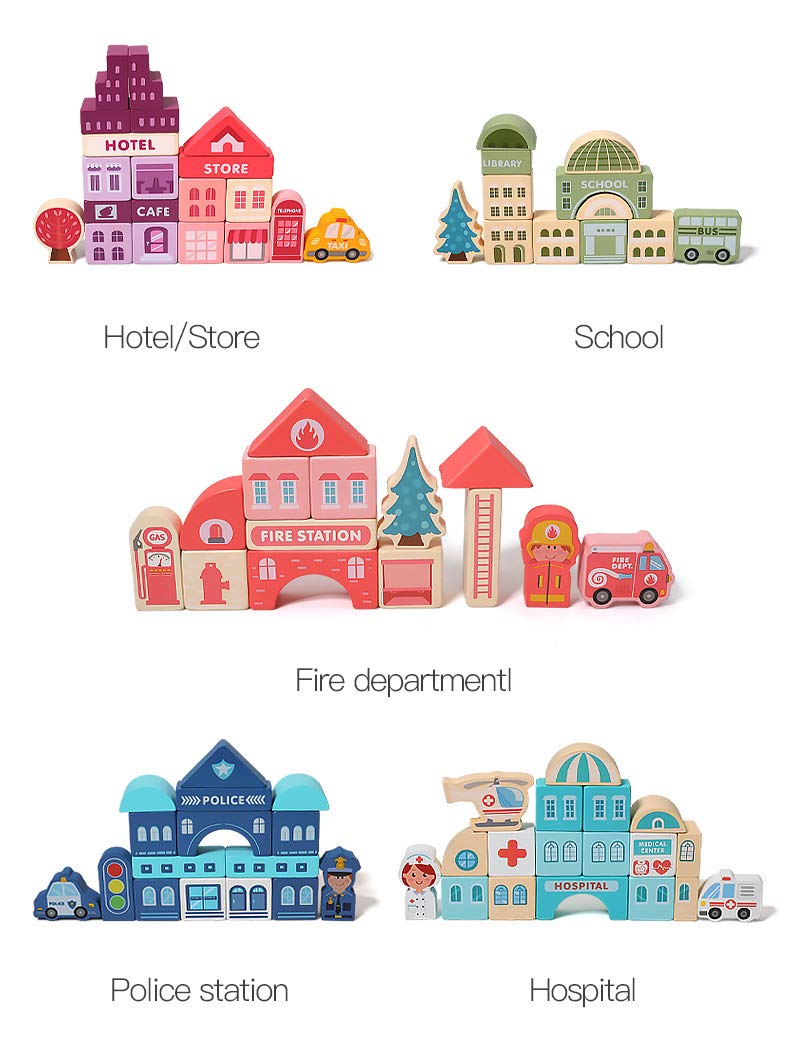 moderngenic 181pcs 'Streetscape' Wooden Building Block Set for Toddlers, Jigsaw Puzzle City Map, 11 Buildings (3 Extra Bonus: Circus, Zoo