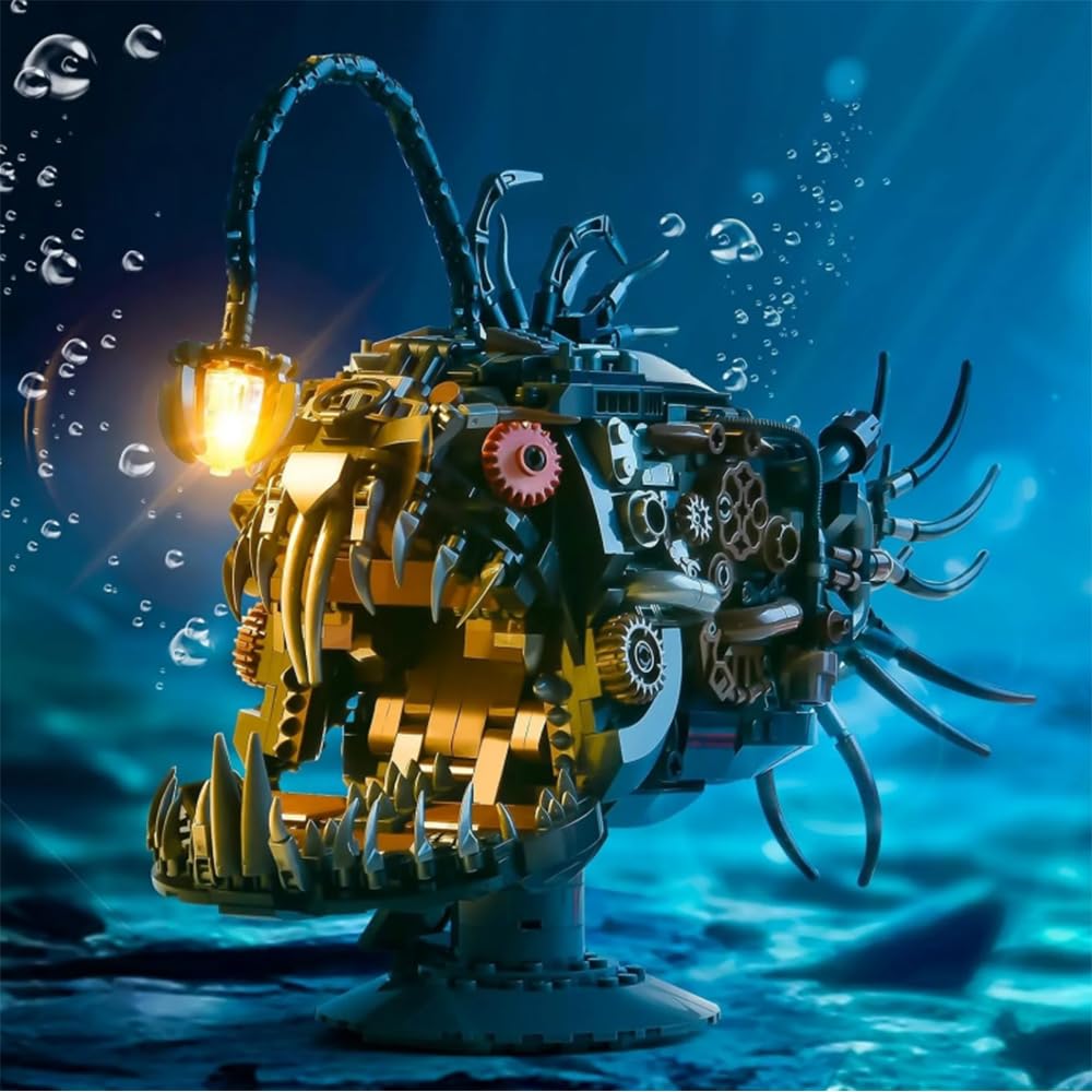 YAOZEBIN Mechanical Angler Fish Building Block Set - STEM Toys for Boys & Girls 8-14+, Deep Sea Ocean Creature Kit, Home/Office Decor with Light