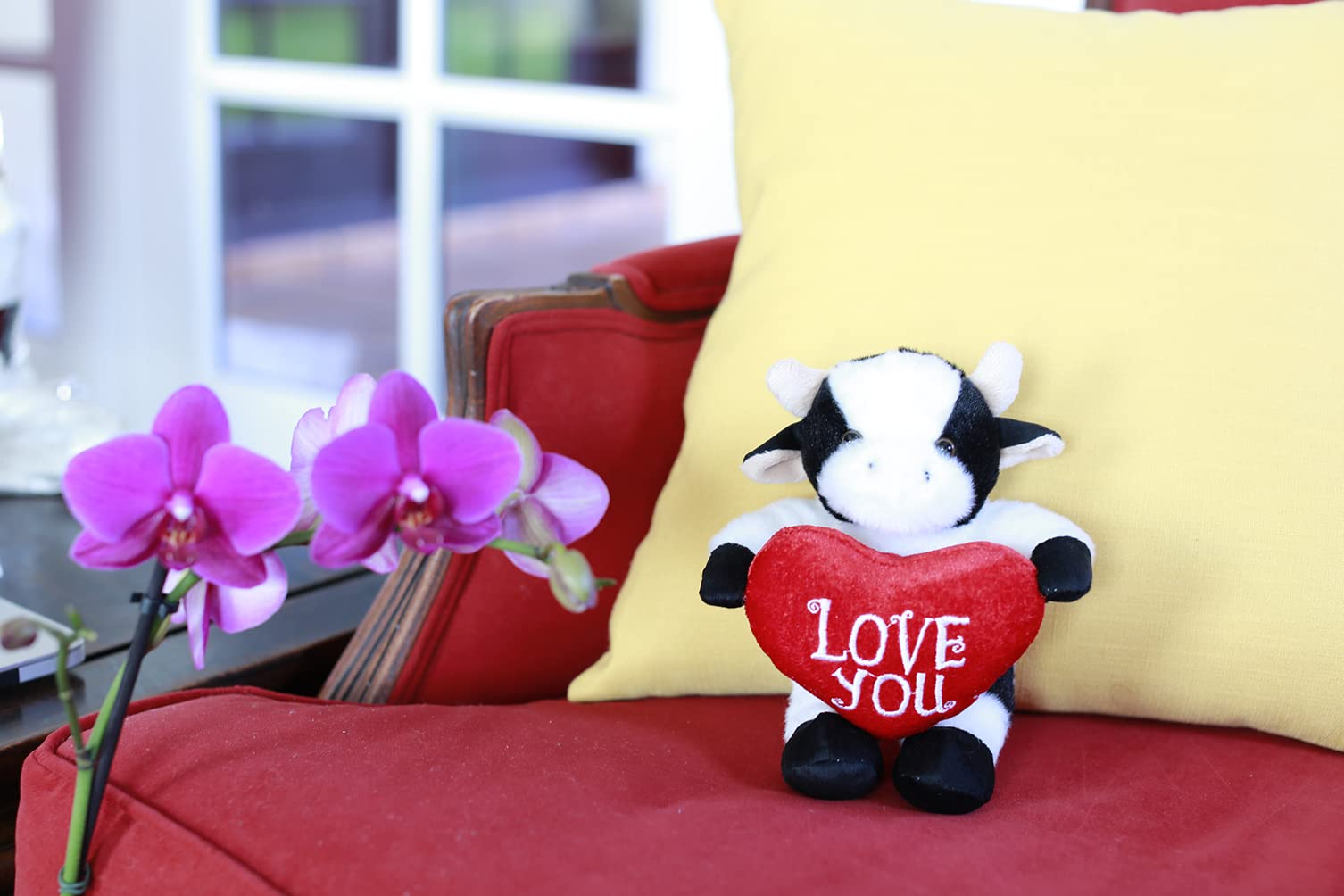 Plushland Stuffed Animal with Red Heart - Love You- Plush Animals Toy for Kids & Adults - Embroidered Heart Pillow -8 inches (Cow)