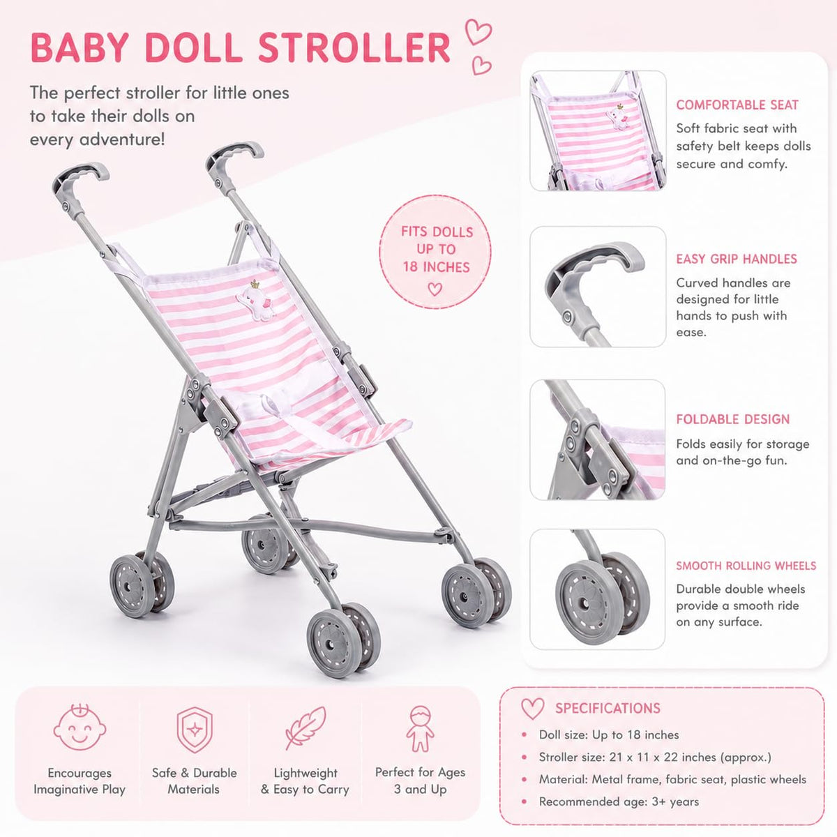 JC Toys Boutique | Folding Umbrella Doll Stroller for Children 2 Years Plus, Pink Stripes and Soft Embroidery | Sturdy Metal Frame | Pretend Play with
