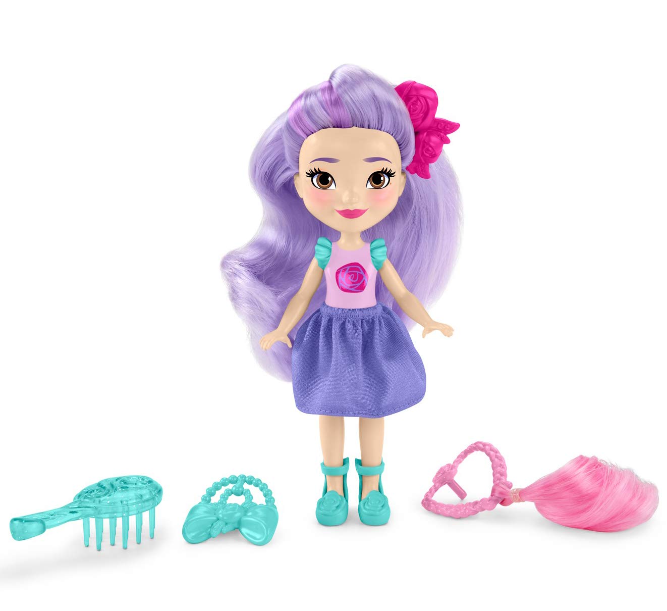 Fisher-Price Preschool Toy Sunny Day Pop-In Style Blair, 6-Inch Poseable Doll with 3 Hair Accessories for Pretend Play Ages 3+ Years