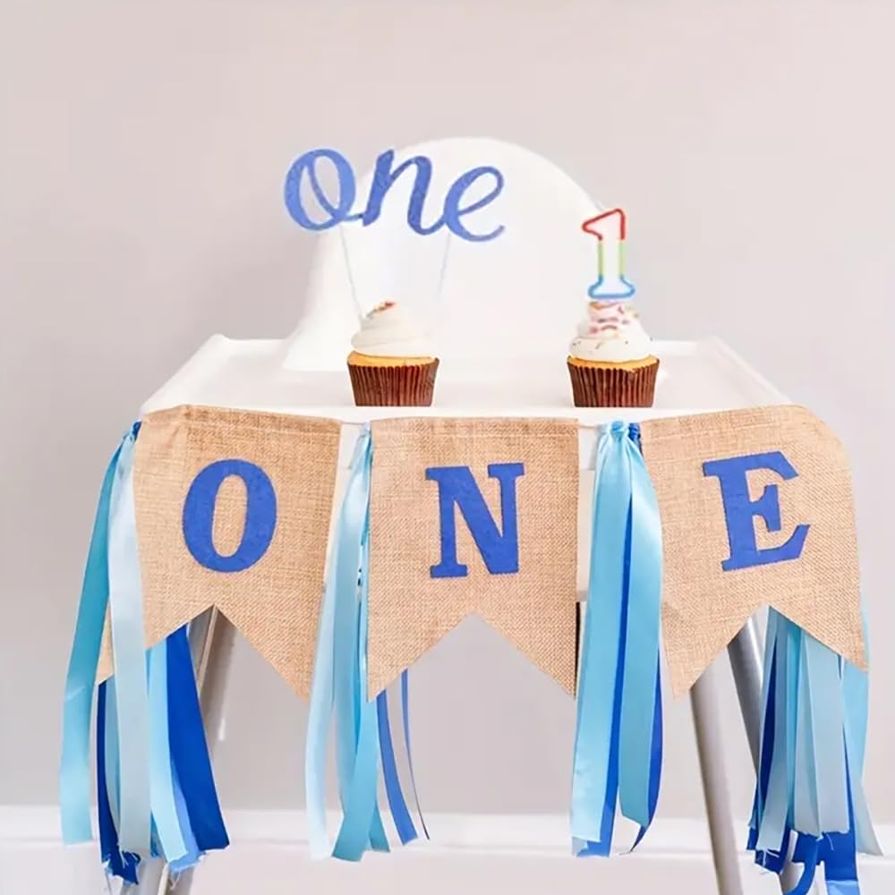 1st Birthday Highchair Banner Blue Burlap Design, Baby First Birthday Party Supplies, Perfect for High Chair Decor Wall Art Hanging and Cake Smash