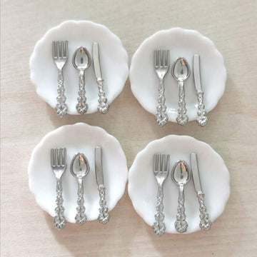 SXFSE 4 Pack 1:12 Miniature Scale Miniature Plates, Knife, Fork and Spoon Set Dollhouse Kitchen Accessories (White, 1 x 1 inch)