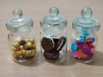 3pc Miniature Food Chocolate Cake Candy Cookie Dollhouse Cookie in Clear Glass Mini Bottle Fruit Food #MF092
