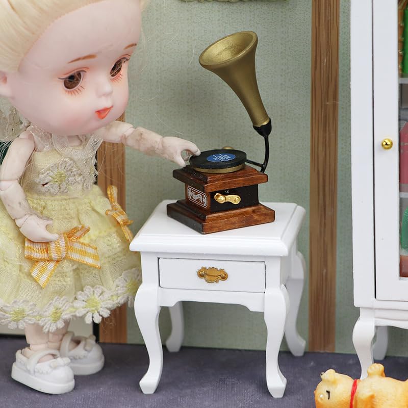 Miniature White Bedside Table with Drawer, 1:12 Scale Dollhouse Furniture, Victorian Style