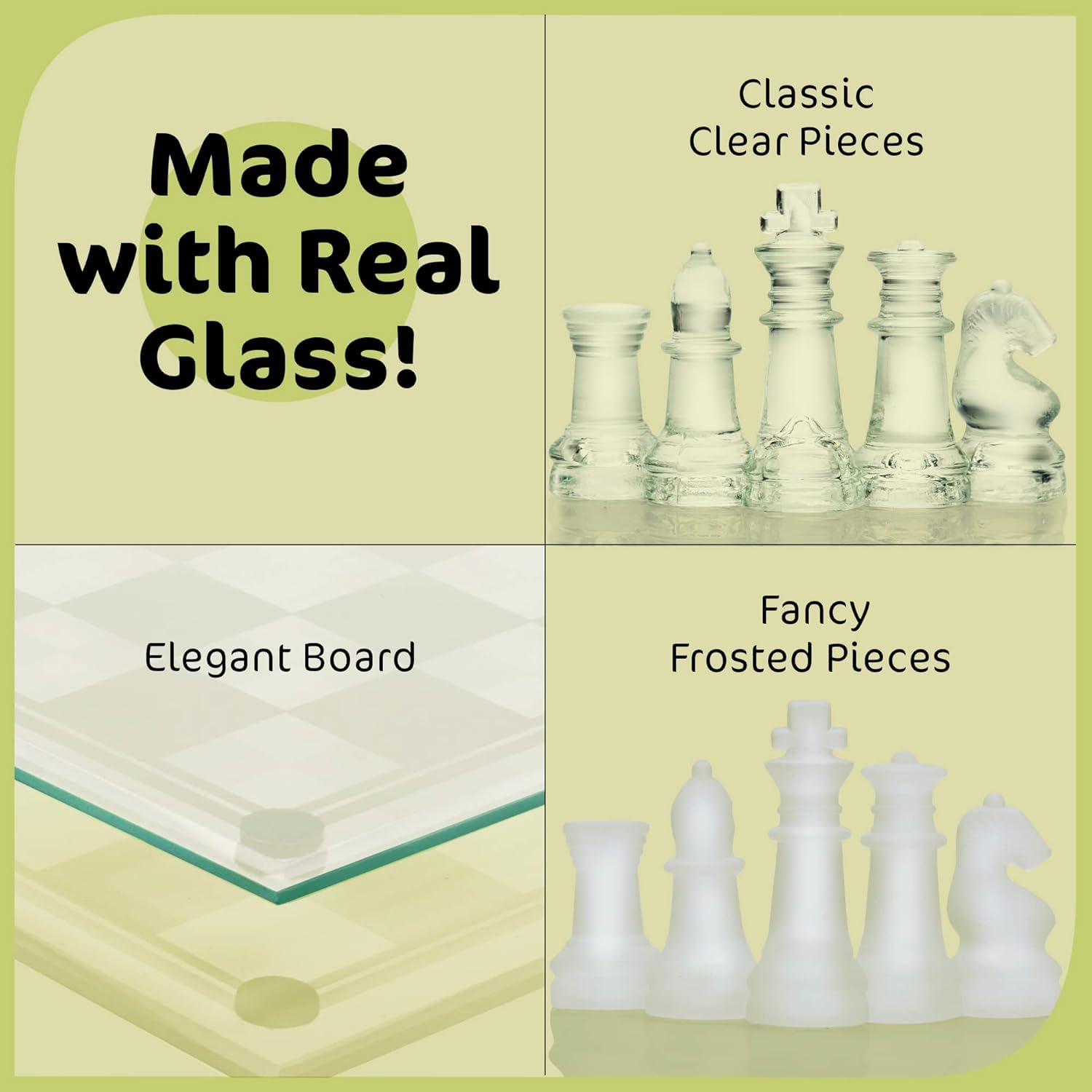 Srenta Fine Glass Chess Set, (9 Inch) Modern Clear Chess Board Set with Solid Clear & Frosted Glass Chess Pieces | Crystal Chess Board Set, Felt